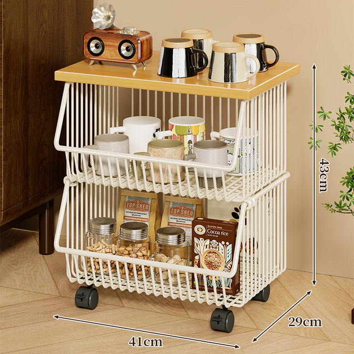 Four-Tier Industrial Wire Basket Cart with Wood Top and Swivel Locking Casters