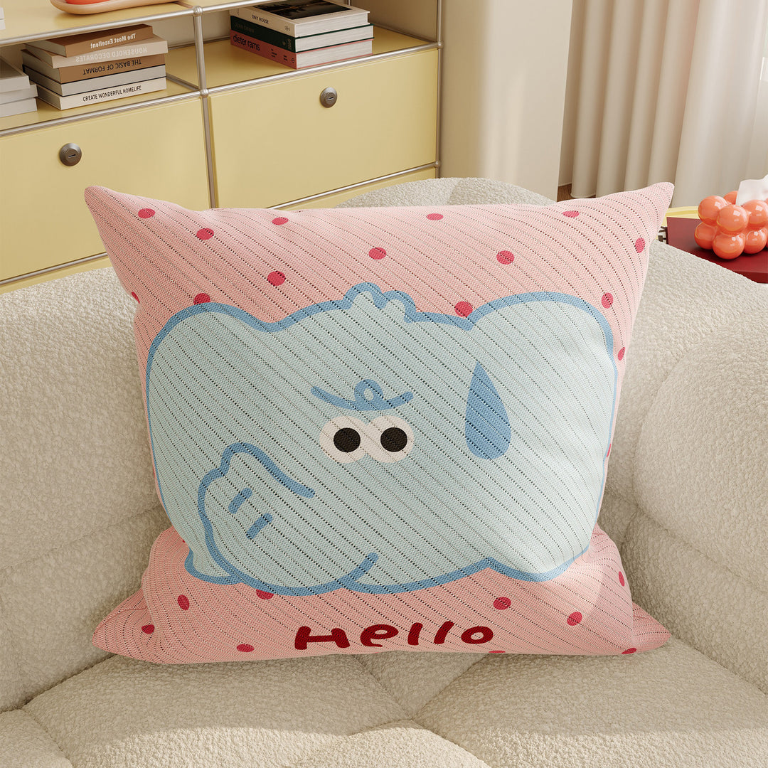 Decorative Throw Pillow with Playful Cloud Elephant Illustration and Textured Knit Cover