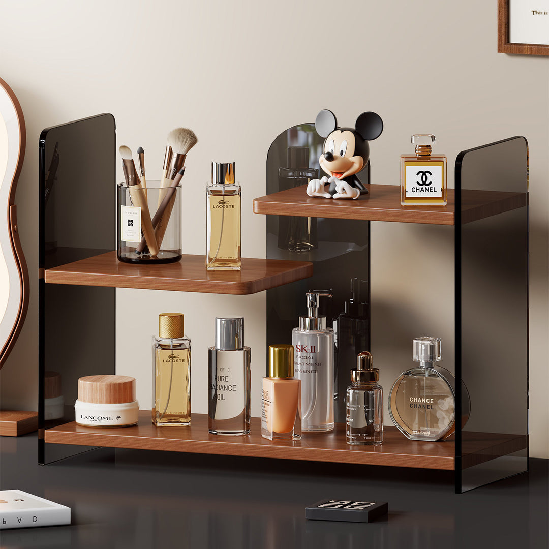 Staggered Two-Tier Acrylic Vanity Display Shelf with Floating White Boards