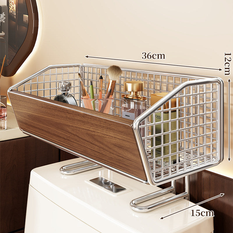 Bathroom Countertop Wire Mesh Vanity Organizer with Wood Panel and Elevated Stand
