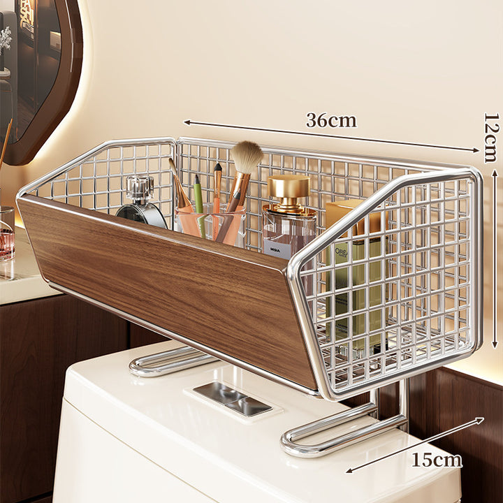 Bathroom Countertop Wire Mesh Vanity Organizer with Wood Panel and Elevated Stand