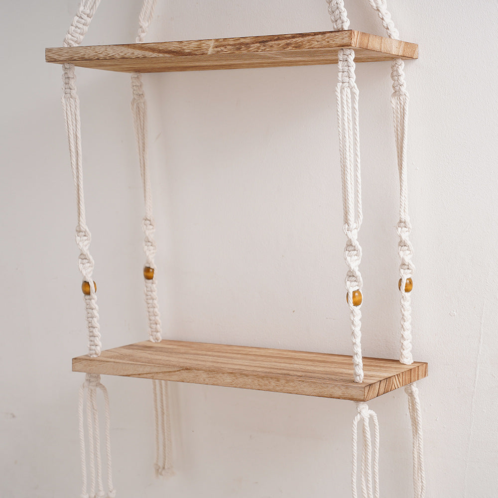 Macramé Floating Storage Shelf with Natural Wood Accents