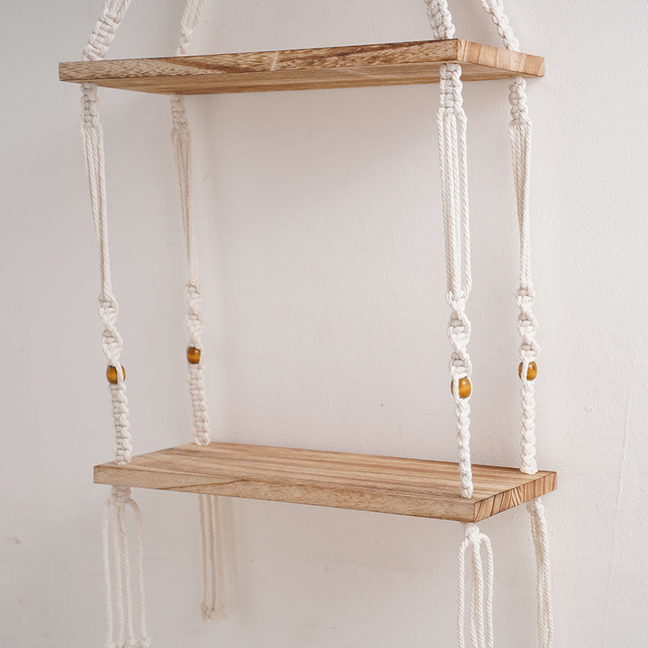 Macramé Floating Storage Shelf with Natural Wood Accents