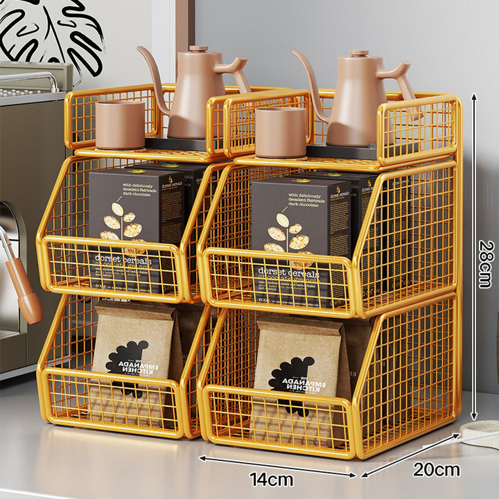 Stackable Two-Tier Wire Mesh Countertop Pantry Organizer with Tilt-Front Bins