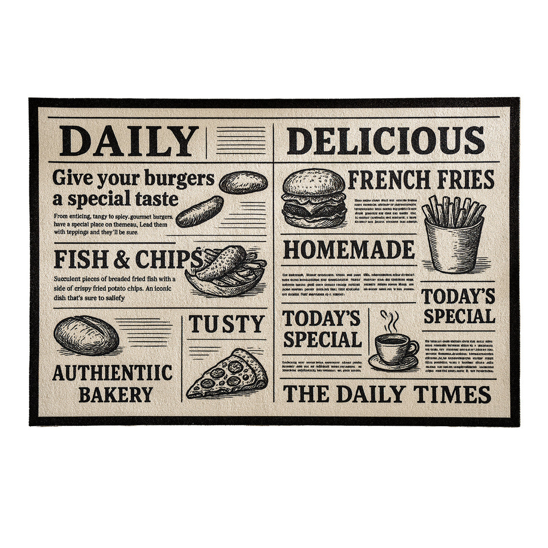 Kitchen runner rug in retro food newspaper print