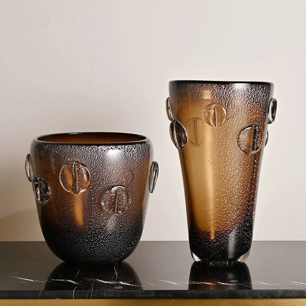Tall Hand-Blown Textured Glass Accent Vase with Applied Disc Motifs