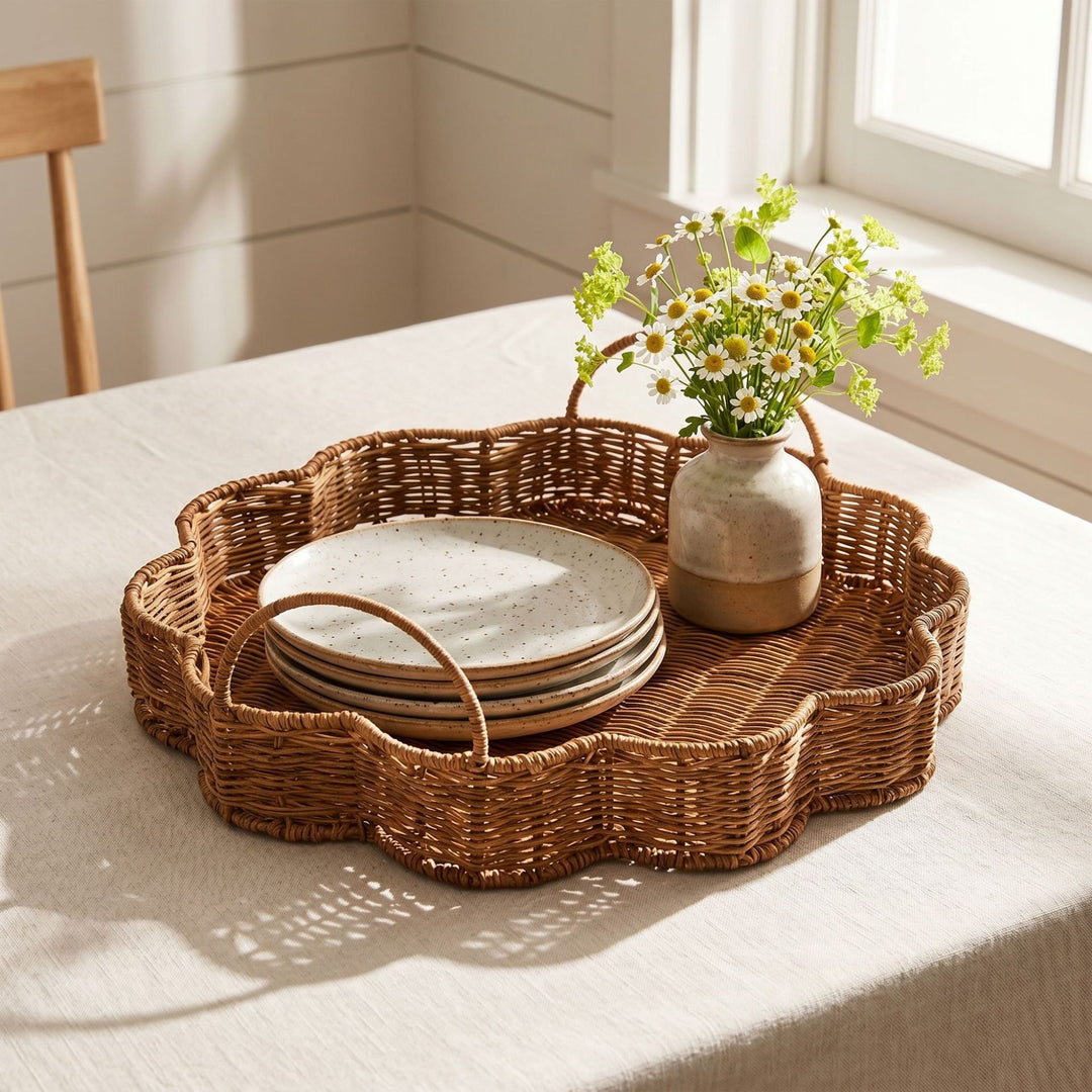 Elegant serving basket made of hand-woven natural material