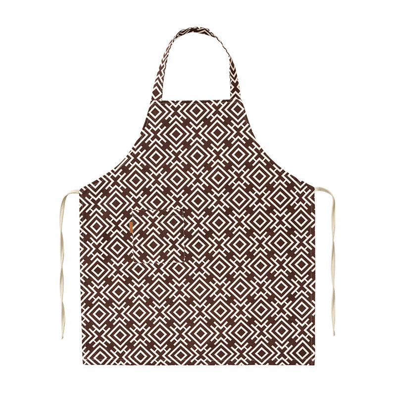 Cotton-linen cooking apron with pocket and adjustable neck strap