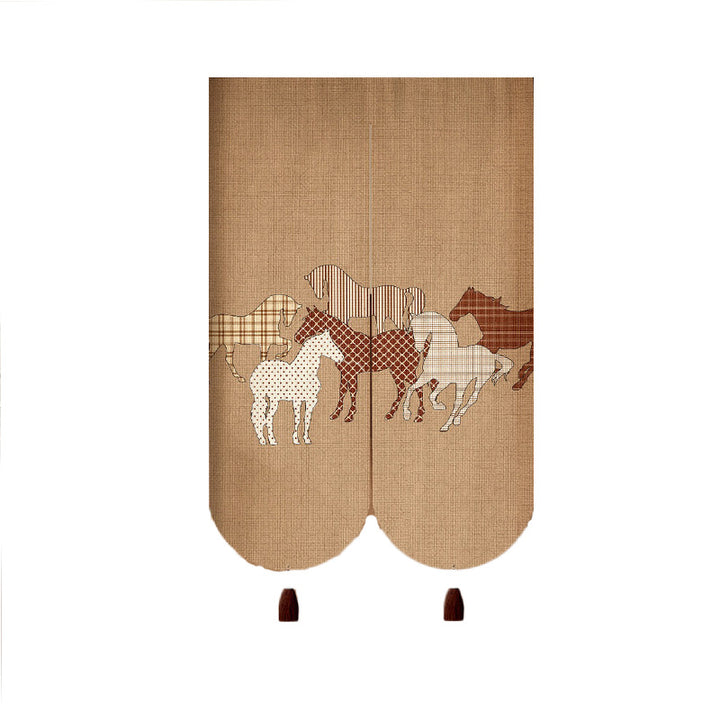Decorative Cotton-Linen Split Door Curtain with Equestrian Print and Tassel Weights