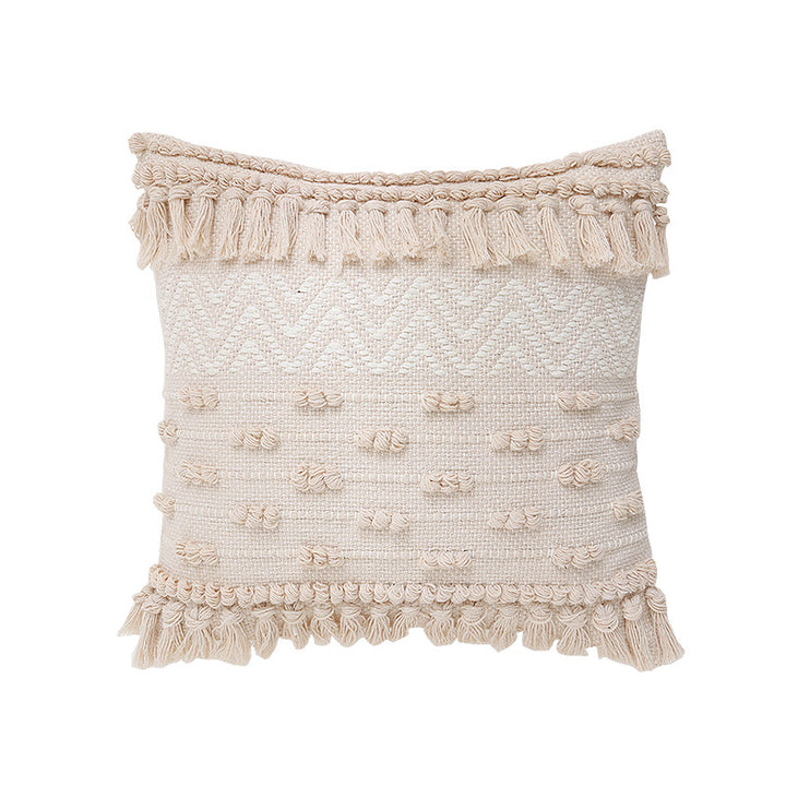 Woven Boho cushion cover with fringe stripes and handcrafted border