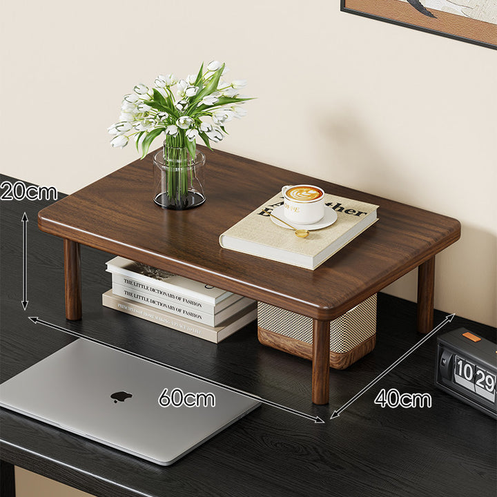 Compact Solid Wood Elevated Desk Display Stand with Under-Shelf Storage and Rounded Leg Design