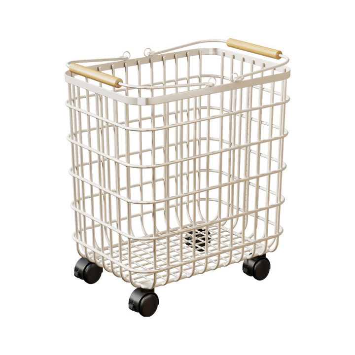 Ventilated Square Wire Laundry Cart with Wood-Grip Handles and Locking Casters