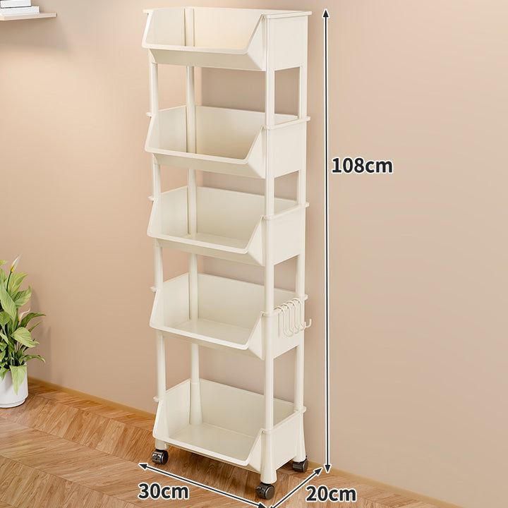 Slim Vertical Four-Bin Rolling Storage Tower with Deep Angled Bins and Side Hook