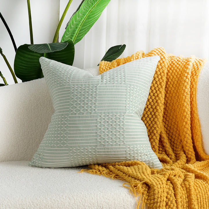 Decorative Square Textured Woven Geometric Throw Pillow Covers Set with Tufted Linear Appliqué