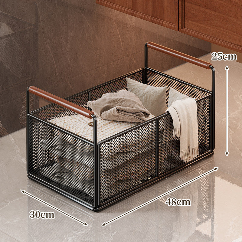 Rectangular Mesh Pull-Out Cabinet Storage Basket with Wooden Handles