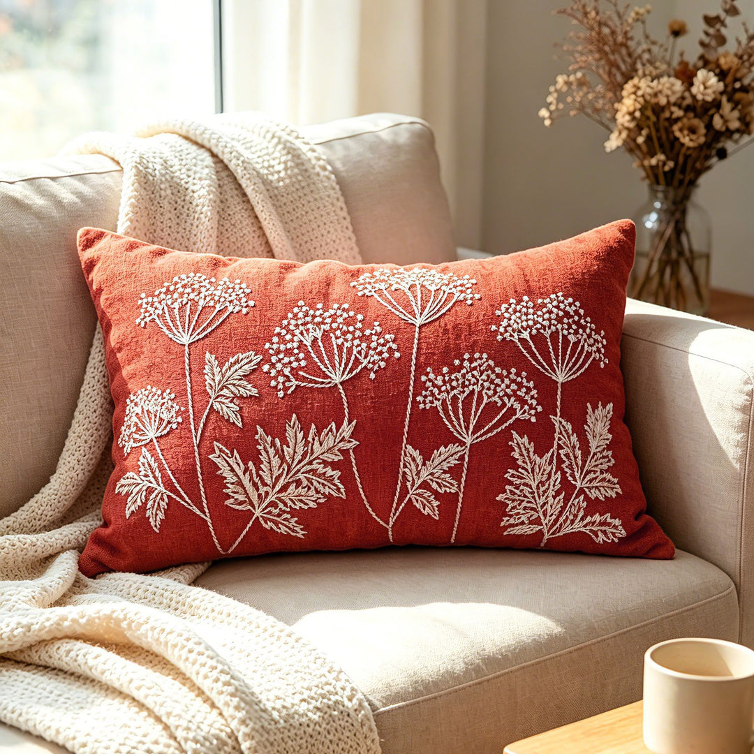 Botanical Embroidered Square Throw Pillow Cover with Linen Texture and Hidden Zipper