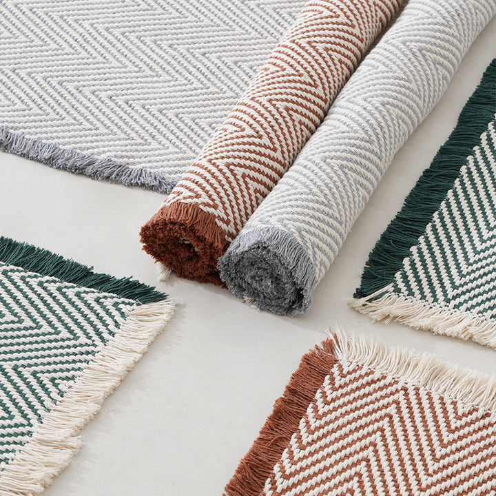 Woven runner and door mat set with herringbone structure and decorative fringes