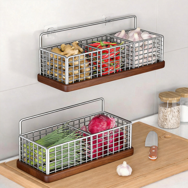Wall-Mounted Mesh Multi-Purpose Kitchen Shelf with Hooks and Ventilated Basket