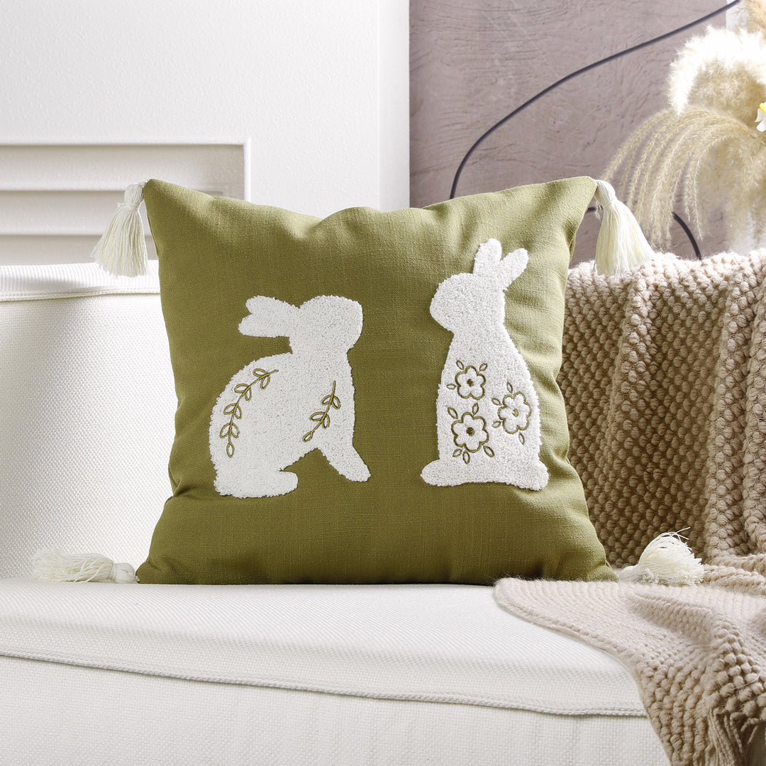 Decorative Lumbar Pillow Cover with Tufted Bunny Appliqués and Corner Tassels