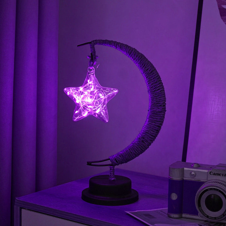Decorative glass apple LED table lamp with moon-shaped rope-wrapped stand