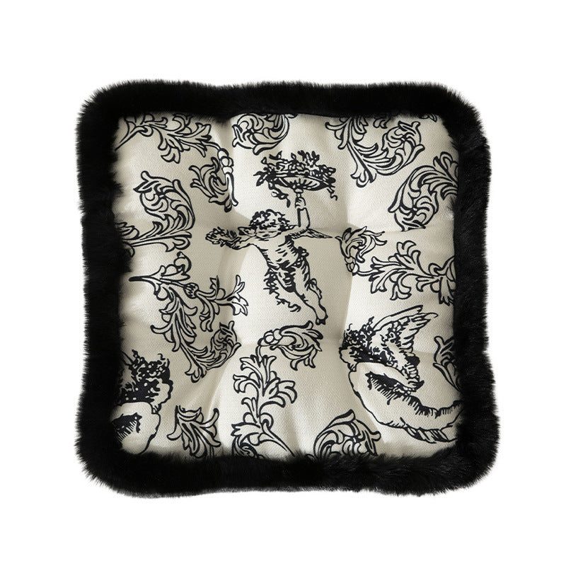 Decorative square seat cushion with baroque angel print and faux fur trim