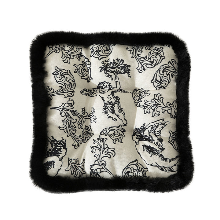 Decorative square seat cushion with baroque angel print and faux fur trim
