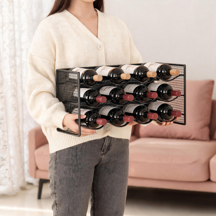 Countertop Metal Wine Bottle Rack Mesh Organizer with Stackable Grid Sides and Curved Bottle Cradles
