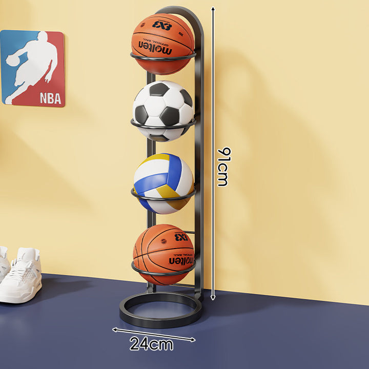 Three-Tier Vertical Sports Ball Storage Rack with Wall-Ready Base and Circular Cradles