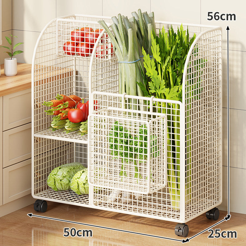 Rolling Metal Mesh Produce Storage Cart with Tall Vertical Compartment and Removable Shelves