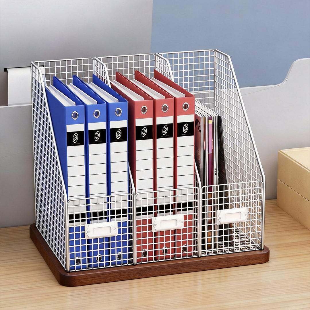Desktop Mesh File Organizer with Vertical Magazine Slots and Label Holders