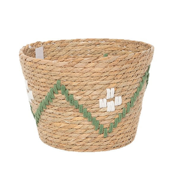 Handwoven storage basket with colorful accents