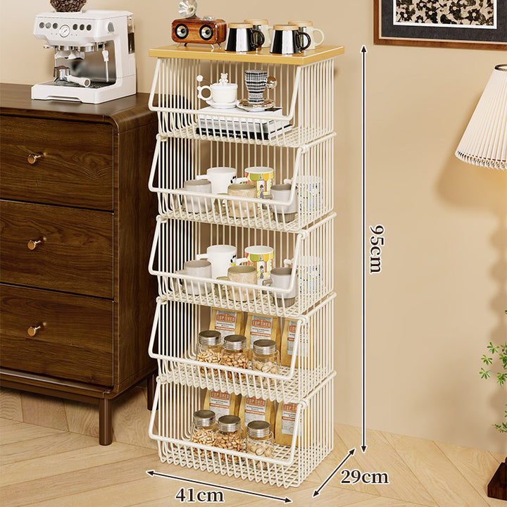 Four-Tier Industrial Wire Basket Cart with Wood Top and Swivel Locking Casters