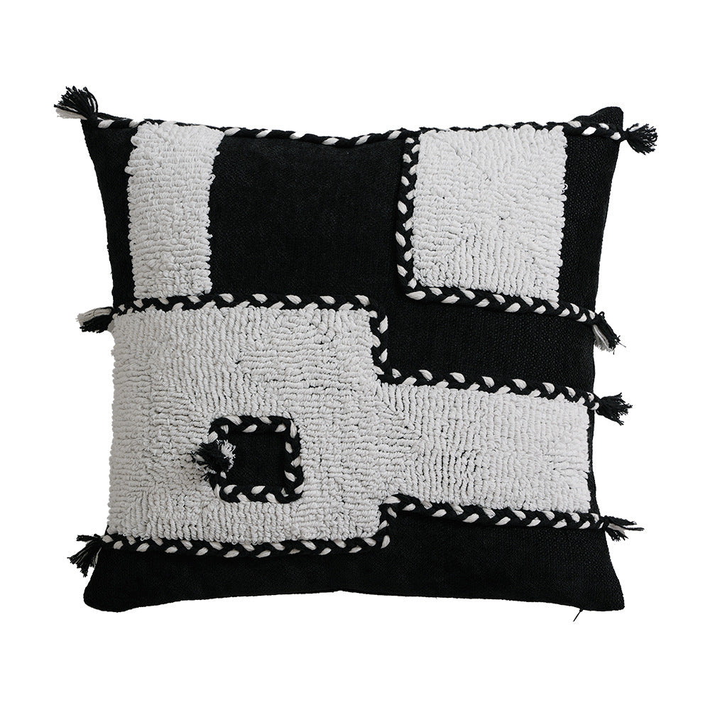 Square hand-tufted decorative pillow with geometric high-pile relief
