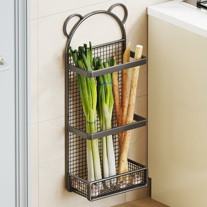Wall-Mounted Vertical Mesh Produce Storage Rack with Three Tier Shelves and Bear-Ear Decorative Top