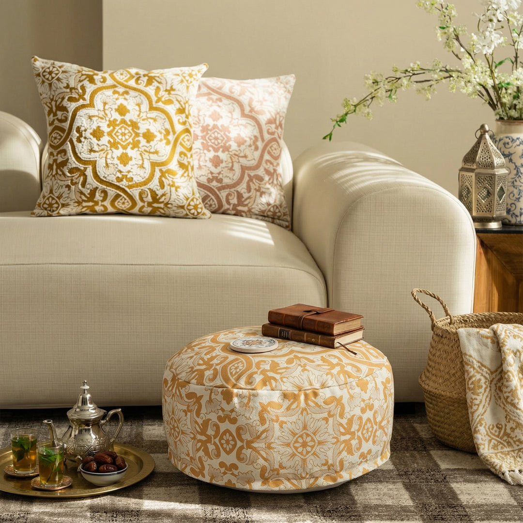 Beef floor seat pouf with handle and patterned canvas cover