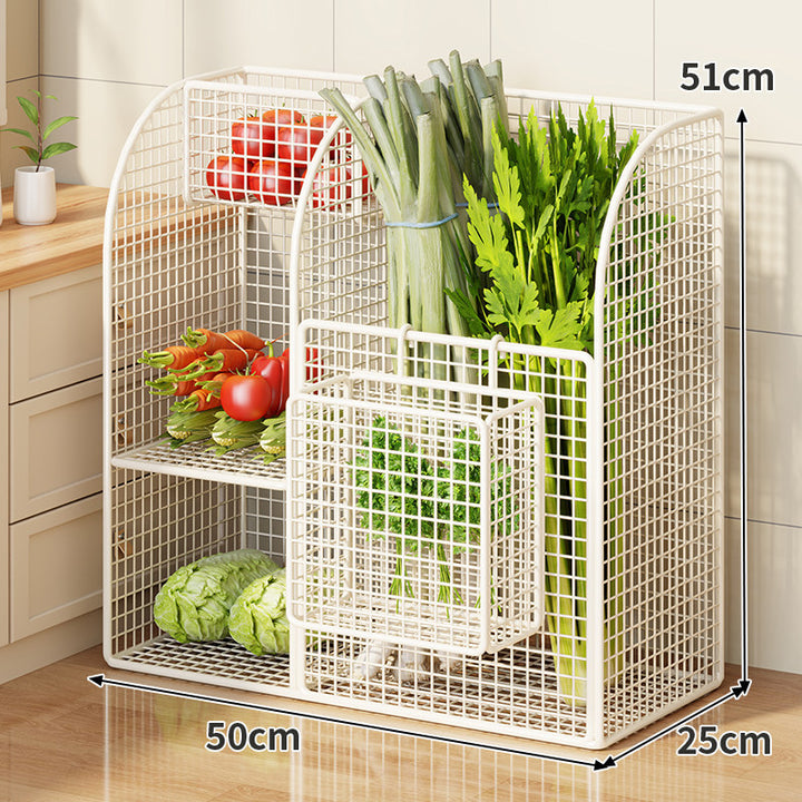 Rolling Metal Mesh Produce Storage Cart with Tall Vertical Compartment and Removable Shelves