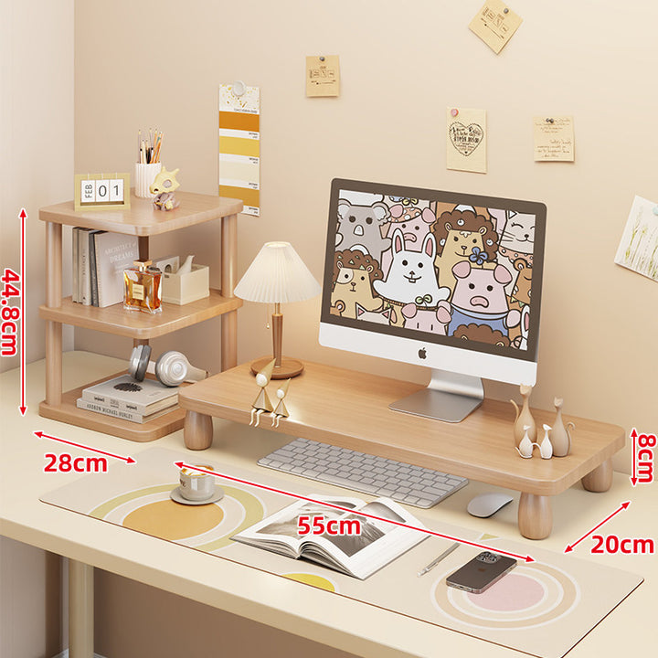Low-Profile Ergonomic Wooden Desktop Monitor Lift with Under-Shelf Keyboard Storage