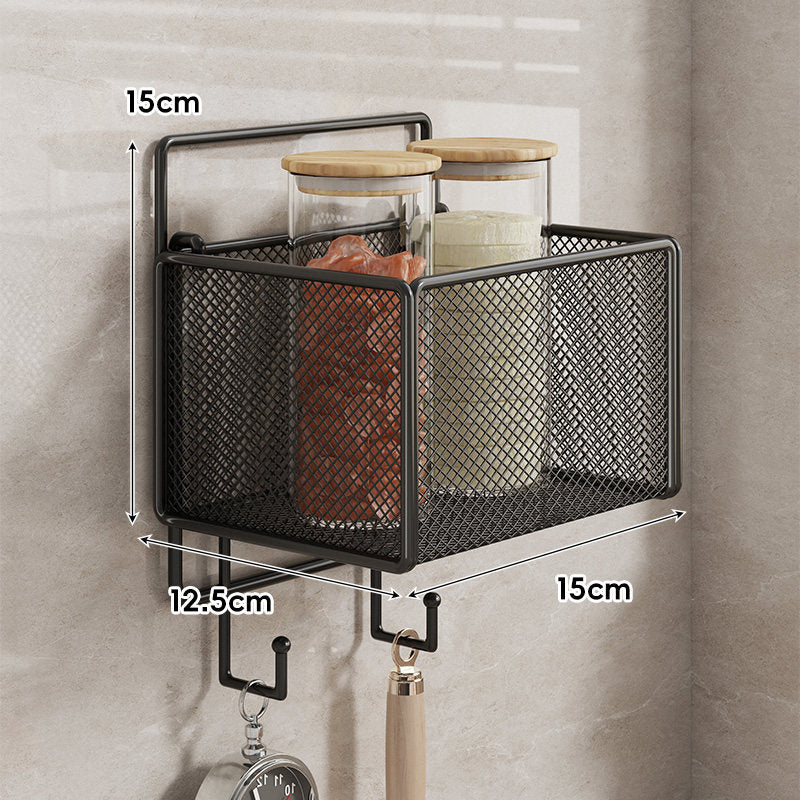 Wall-Mounted Mesh Multi-Purpose Kitchen Shelf with Hooks and Ventilated Basket