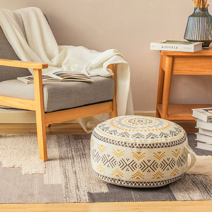 Beef seat pouf made of sturdy cotton blend with ethnic mandala print and carrying handle