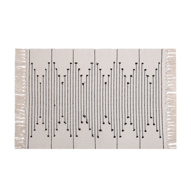 Cotton runner rug with fringes and geometric texture pattern