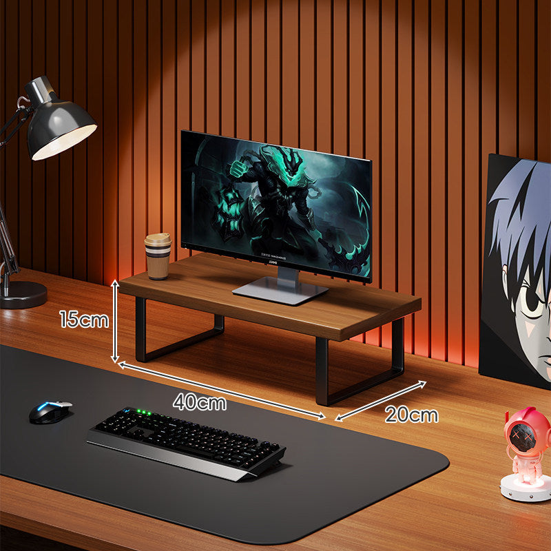 Elevated Wooden Monitor Riser Stand with Metal Bracket Legs and Cable-Friendly Desktop Shelf