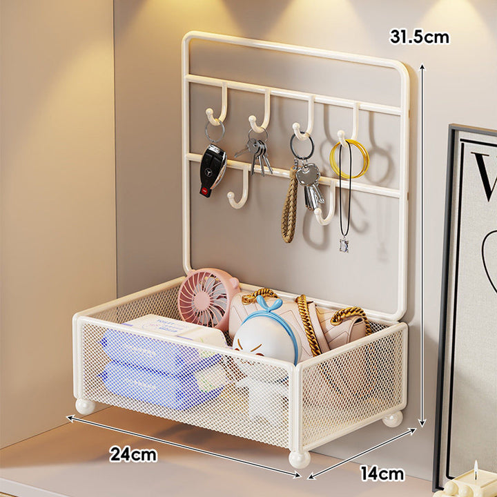 Mesh Two-Tier Entryway Organizer with Key Hooks and Deep Mesh Baskets