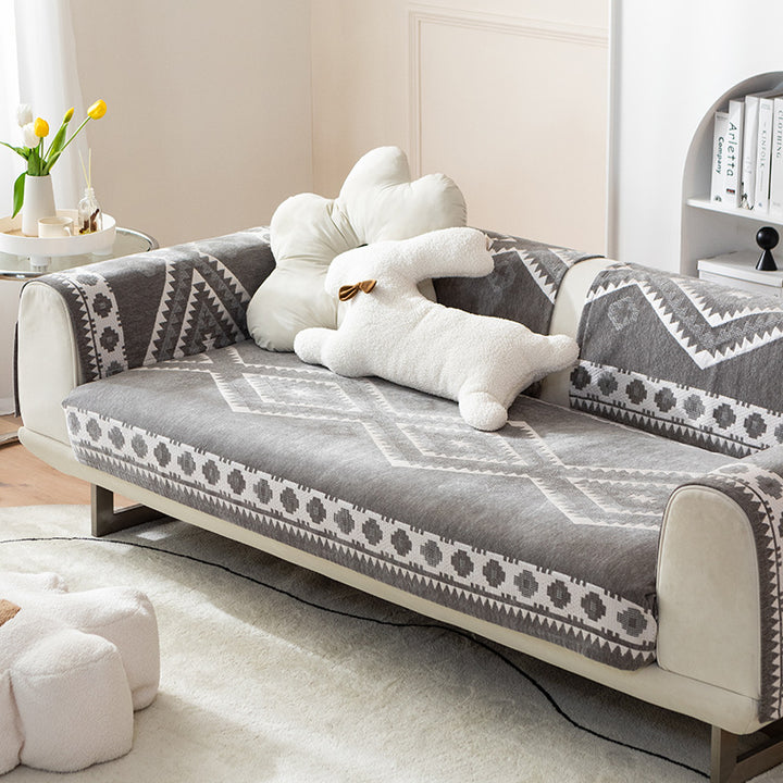 Sofa cover stretch throw with non-slip back coating and geometric ethnic pattern