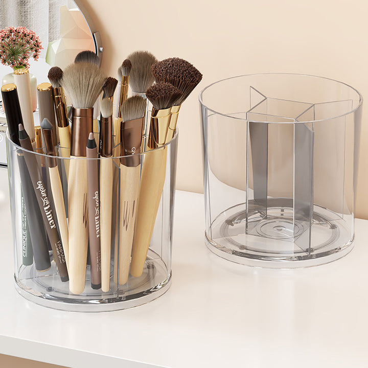 Rotating Clear Acrylic Makeup Brush and Cosmetic Organizer with Multi-Compartment Dividers
