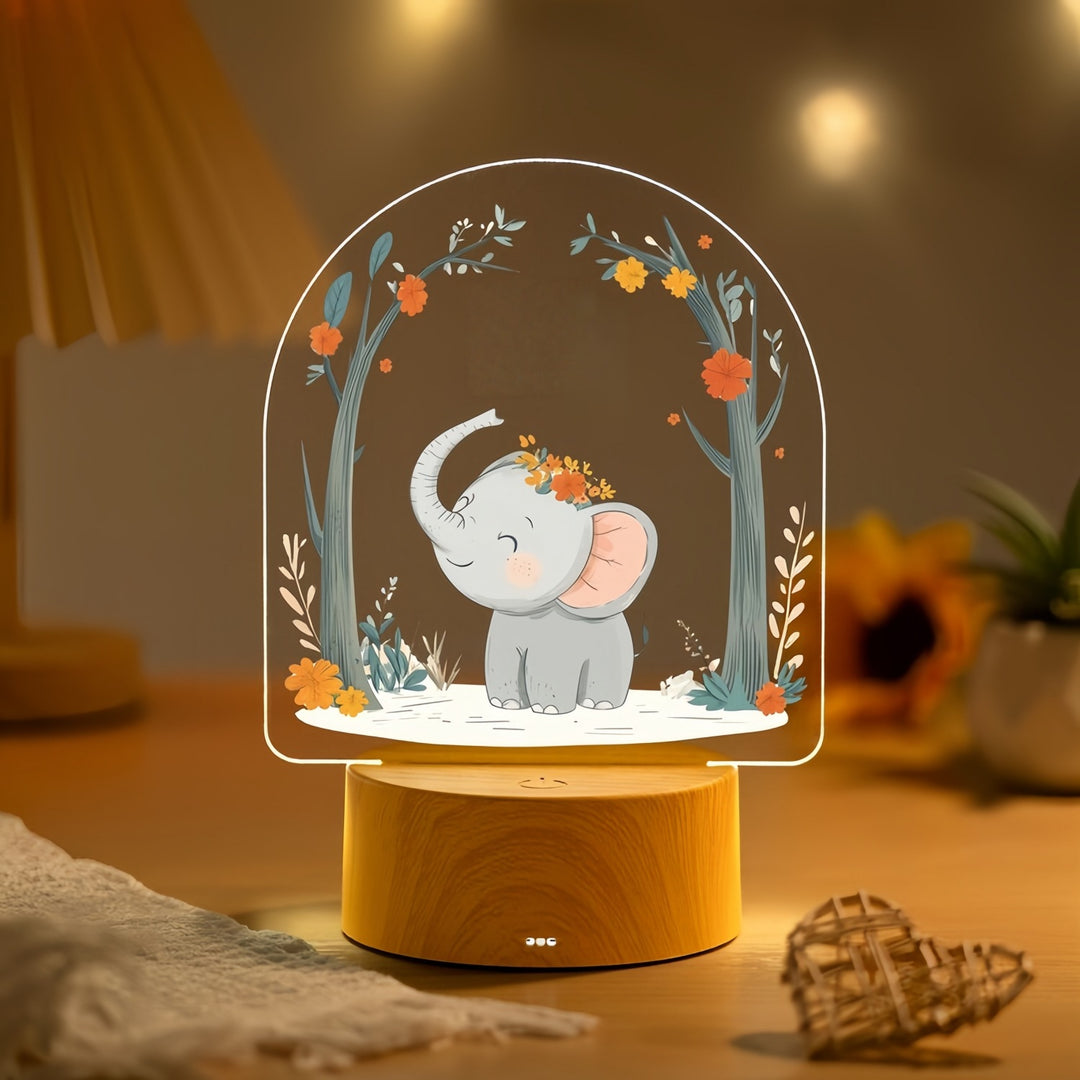 Child LED Acrylic Night Light with Cute Pony Illustration and Wooden Base