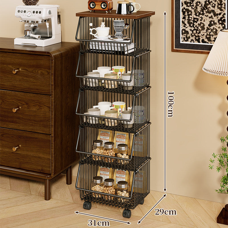 Four-Tier Industrial Wire Basket Cart with Wood Top and Swivel Locking Casters