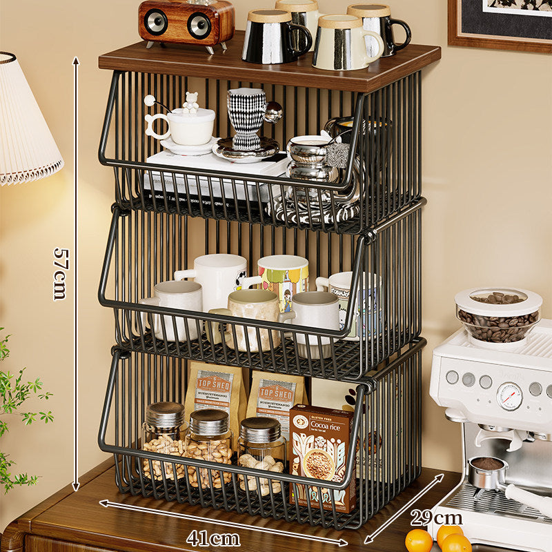 Four-Tier Industrial Wire Basket Cart with Wood Top and Swivel Locking Casters