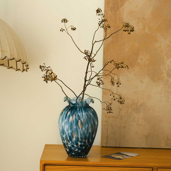 Hand-Blown Textured Swirl Bud Vase with Ruffled Flared Neck