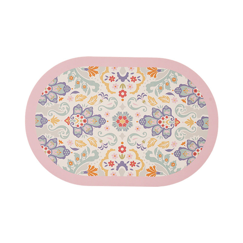 Oval wipeable table set made of vinyl with floral retro pattern and non-slip back