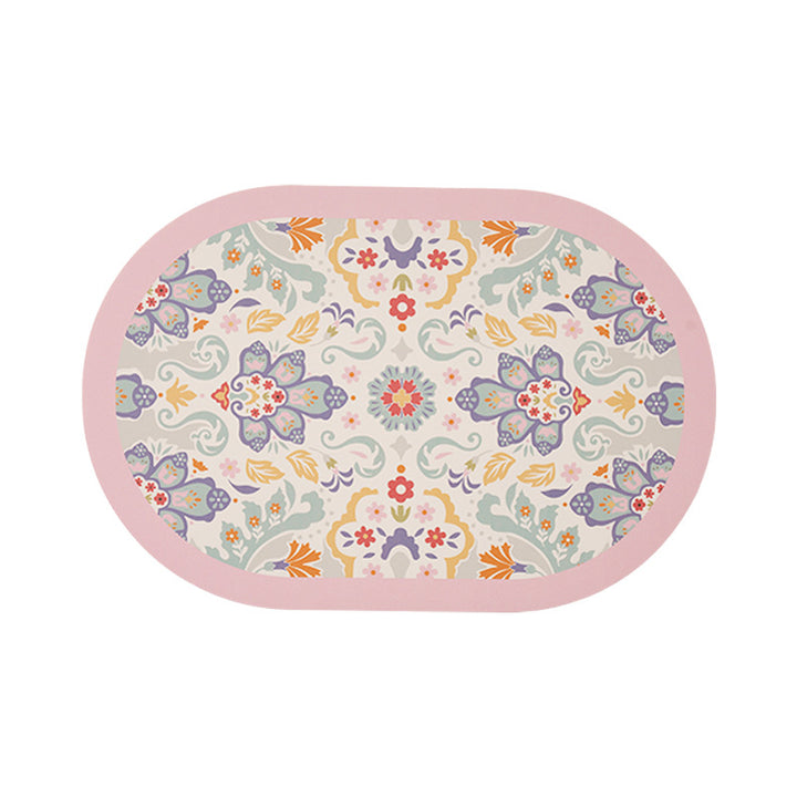 Oval wipeable table set made of vinyl with floral retro pattern and non-slip back